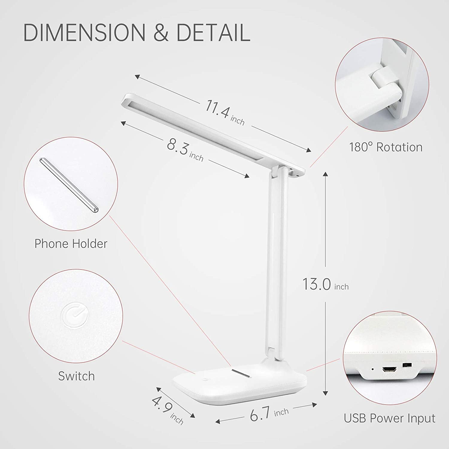Wewdigi LED Desk Lamp with Adjustable Brightness Level for Eye Protection, Touch Controls, USB Charging, White