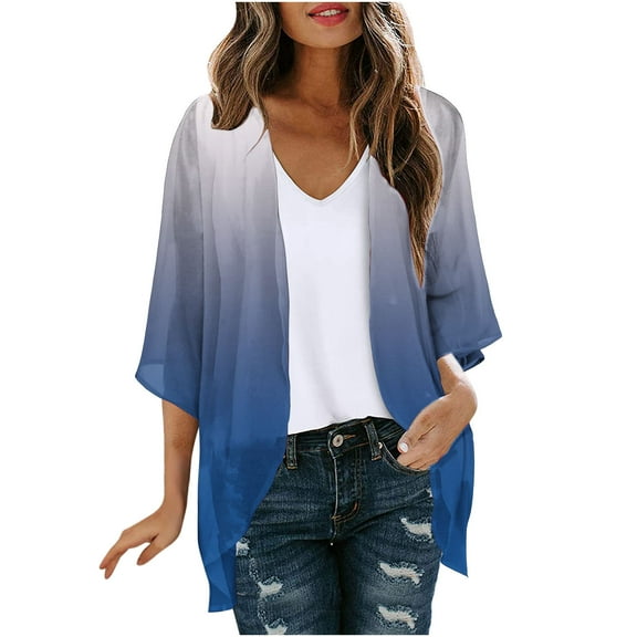 VEKDONE Plus Size Kimonos Cardigan for Women Summer Swimsuit Coverup Gradient Color Puff Sleeve Open Front Lightweight Beach Cover Ups