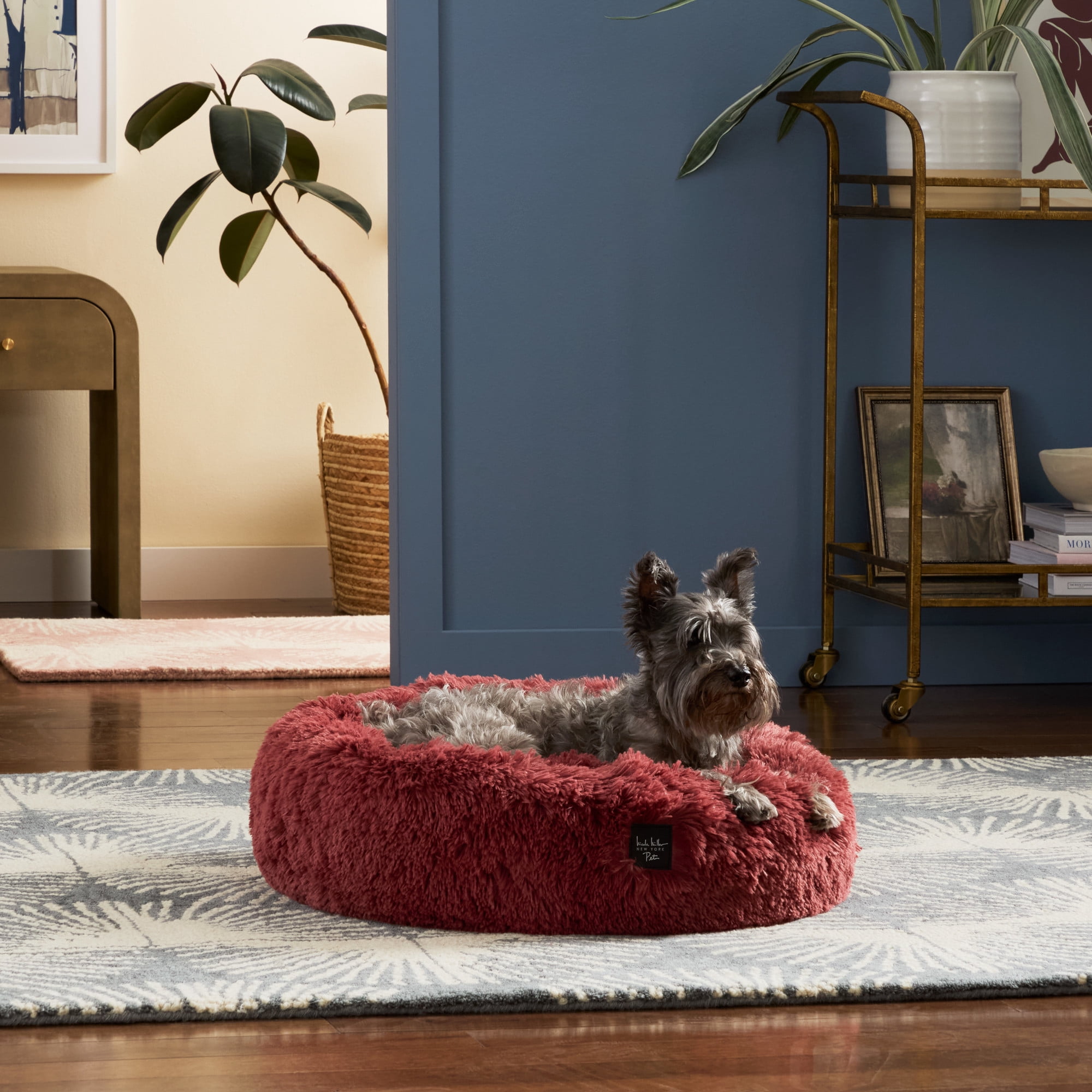 NICOLE MILLER NEW YORK PET Ellie Fuzzy Solid Donut Pet Bed, Plush, Cozy & Calming, Water Repellent, Non-Slip Bottom, 100% Machine Washable, Gold, Small 24"x24"x7" Round