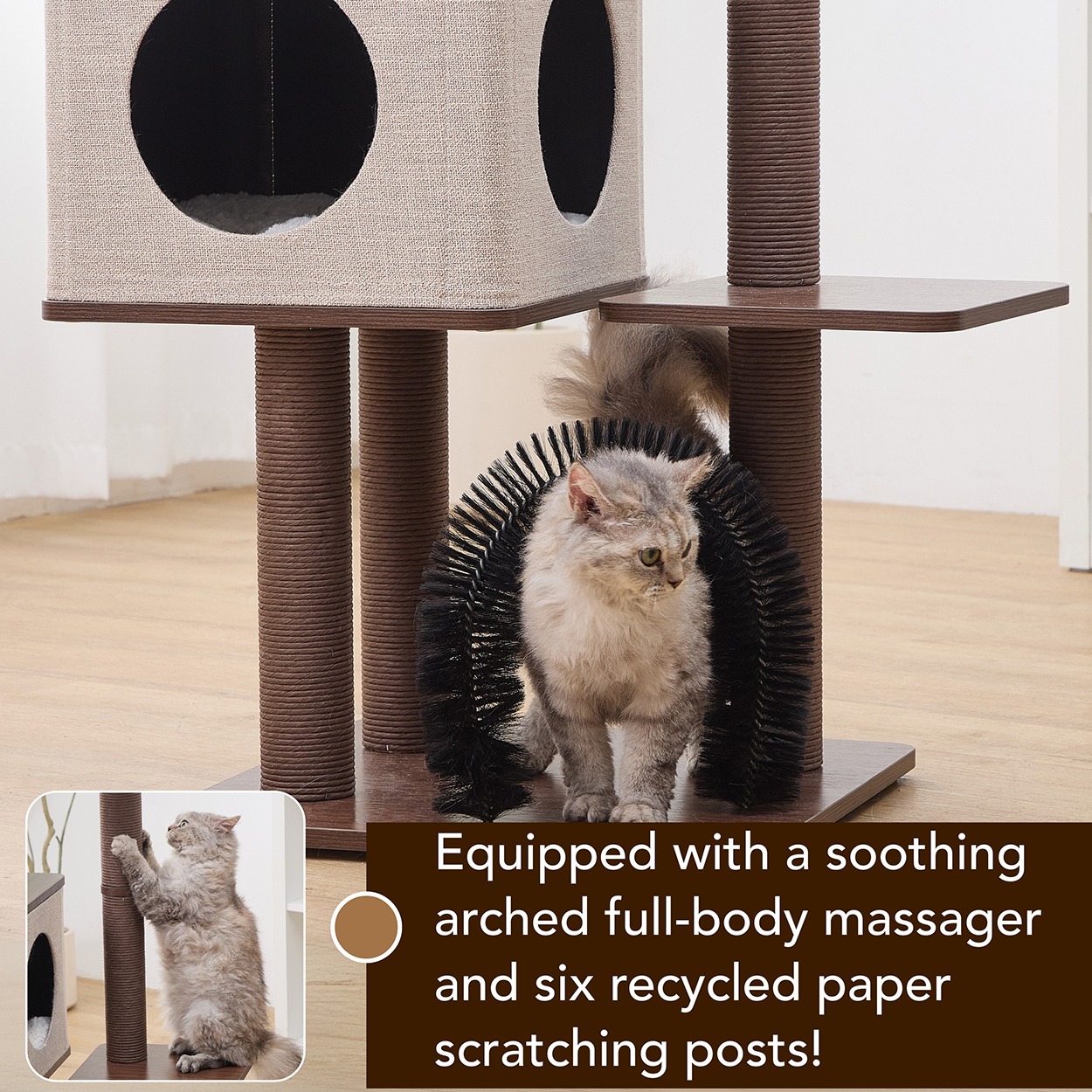 PetPals® Elevate  37” Modern Cat Tree with Recycled Paper Rope Posts, Washable Bed & Condo, Brown