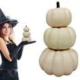 thumbnail image 2 of Artificial White Pumpkin Tower Decor, 3 Tier Stacked Faux Pumpkin Statue, 7.48 Inch Farmhouse Fall Decoration with Realistic Stem, Rustic Table Centerpiece for Home Porch Mantel, 2 of 5