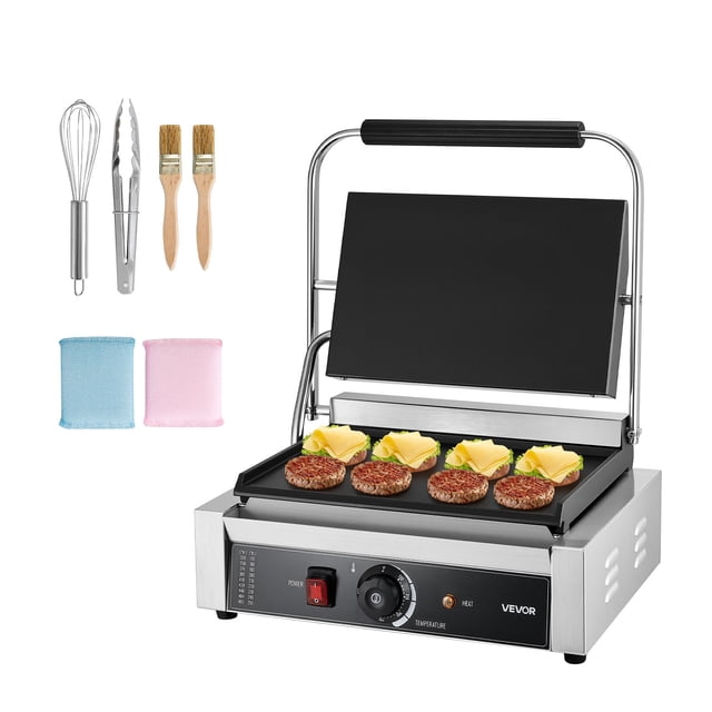 VEVOR Commercial Panini Grill, 1800W Electric Sandwich Panini Maker, Stainless Steel Sandwichs Press Grill with Handle and Temp Control, 13.5x9.3 in Full Flat Enamel Plate