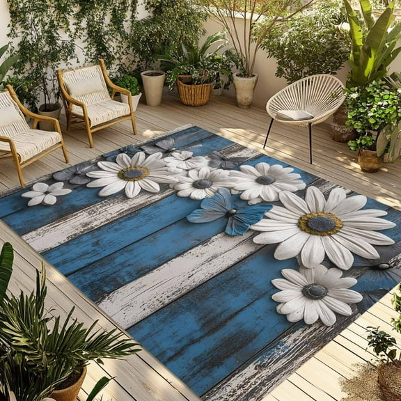 Fsddascl Blue White Daisy Outdoor Rug for Patio/Deck/Porch, Non-Slip Large Area Rug 5 x 8 Ft, Vintage Farmhouse Butterfly Floral Wood Indoor Outdoor Rugs Washable Area Rugs, Camping Rug Carpet