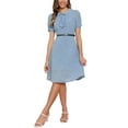 thumbnail image 2 of INSPIRE CHIC Women's Peter Pan Collar Tie Neck Short Sleeves A-Line Elegant Belted Vintage Floral Dress XS Sky Blue, 2 of 6
