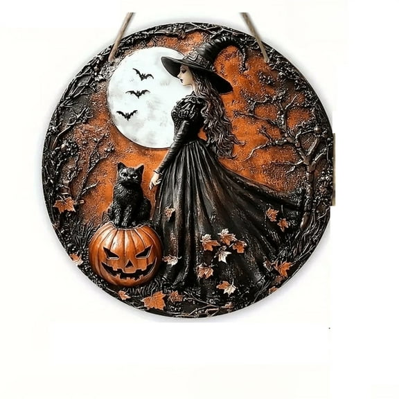 Vintage Halloween Witch & Black Cat Wall Decor, Round Happy Halloween Black Cat Vintage Sign,Retro Hand-Painted Hanging Sign for Classic Spooky Home Decorations, Front Door, Porch