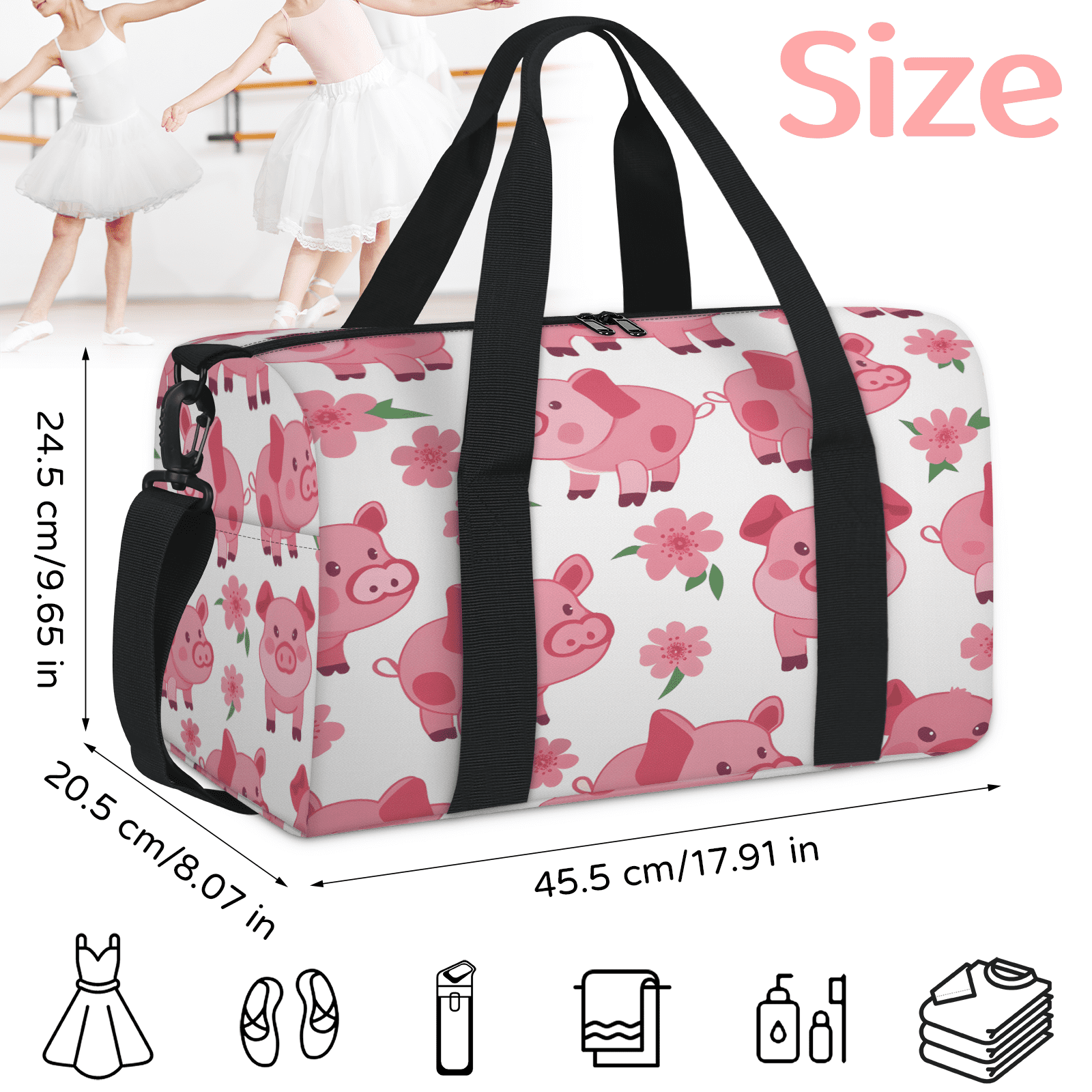 Herdesigns Pig Gym Bag for Women, Duffle Bag for Travel Sport, Pink Lightweight Waterproof Carry on Weekender Dance Yoga Workout Bags