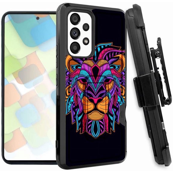 ANJ  Rugged Dual Layered Holster Case w/Kickstand, Card Slot Case   Tempered Glass Cover for Samsung Galaxy A53 5G - Tribal Lion