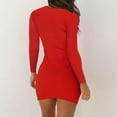 thumbnail image 3 of Women Dresses Round neck Sexy Solid Long Sleeved Leisure Dresses Fashion Dresses Red Trendy Skirt Size M, 3 of 8
