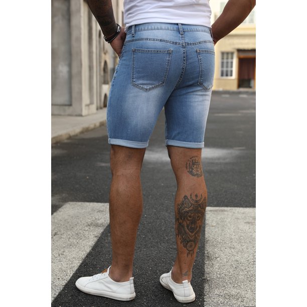 ABPHQTO Pantalones cortos de mezclilla de hombre de tiro bajo desgastados azul cielo para hombre