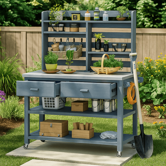 K&K 64.9"H Outdoor Potting Bench Table with Lockable Wheels, Solid Wood Outdoor Kitchen Island with Upper Hutch, Stainless Steel Top, Towel Rack ,Outdoor Storage for Grilling, Lawn Garden -Grey Blue