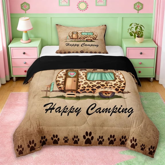 Erosebridal Leopard Print Camper Twin Comforter Sets,Kids Happy Camping Bedding Set For Girl Boys,Reversible black,2 Pieces