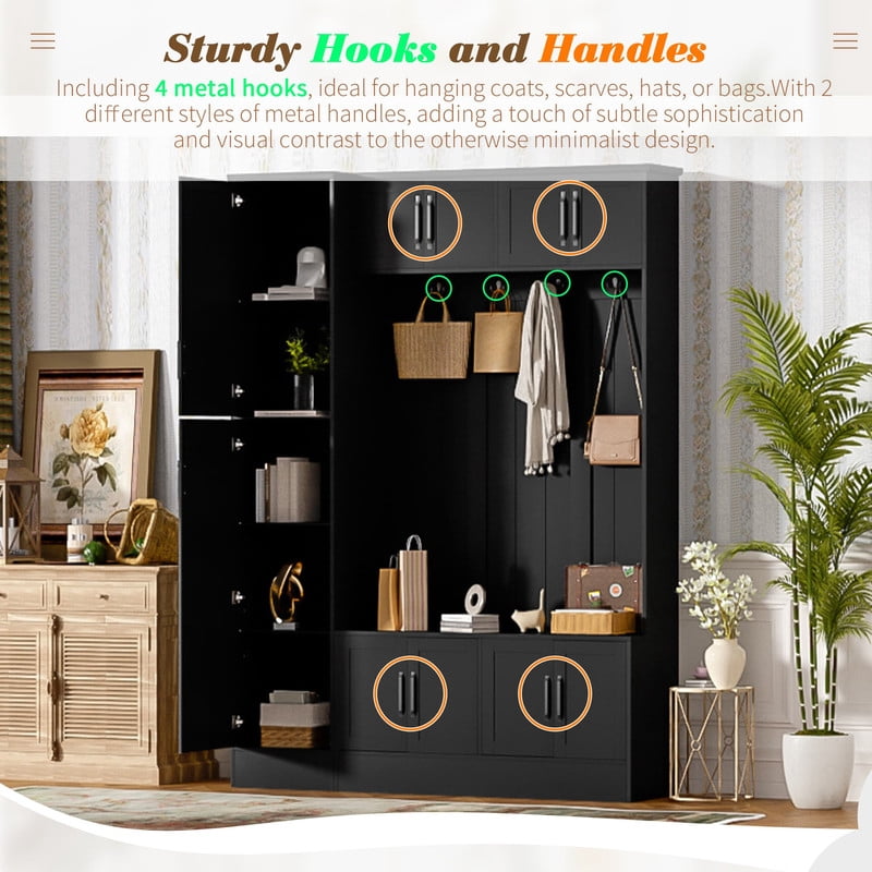 Farmhouse Hall Tree with Storage Cabinets, 79'' H Coat Rack with 4 Hooks and Adjustable Shelf, Entryway Bench with Shoe Storage for Hallway, Living Room