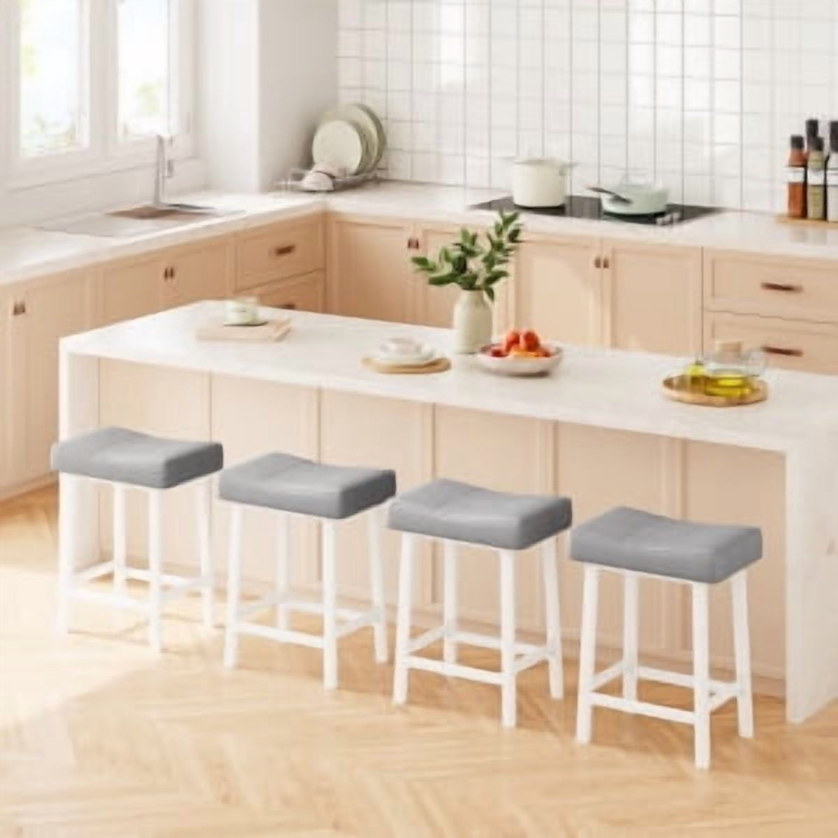 Acekid Bar Stool Set of 4&nbsp;– 24 Inch Counter Height, Upholstered Padded Seat with Curved Surface, Ergonomic Saddle Design for Kitchen/Home, White + Grey Cushion