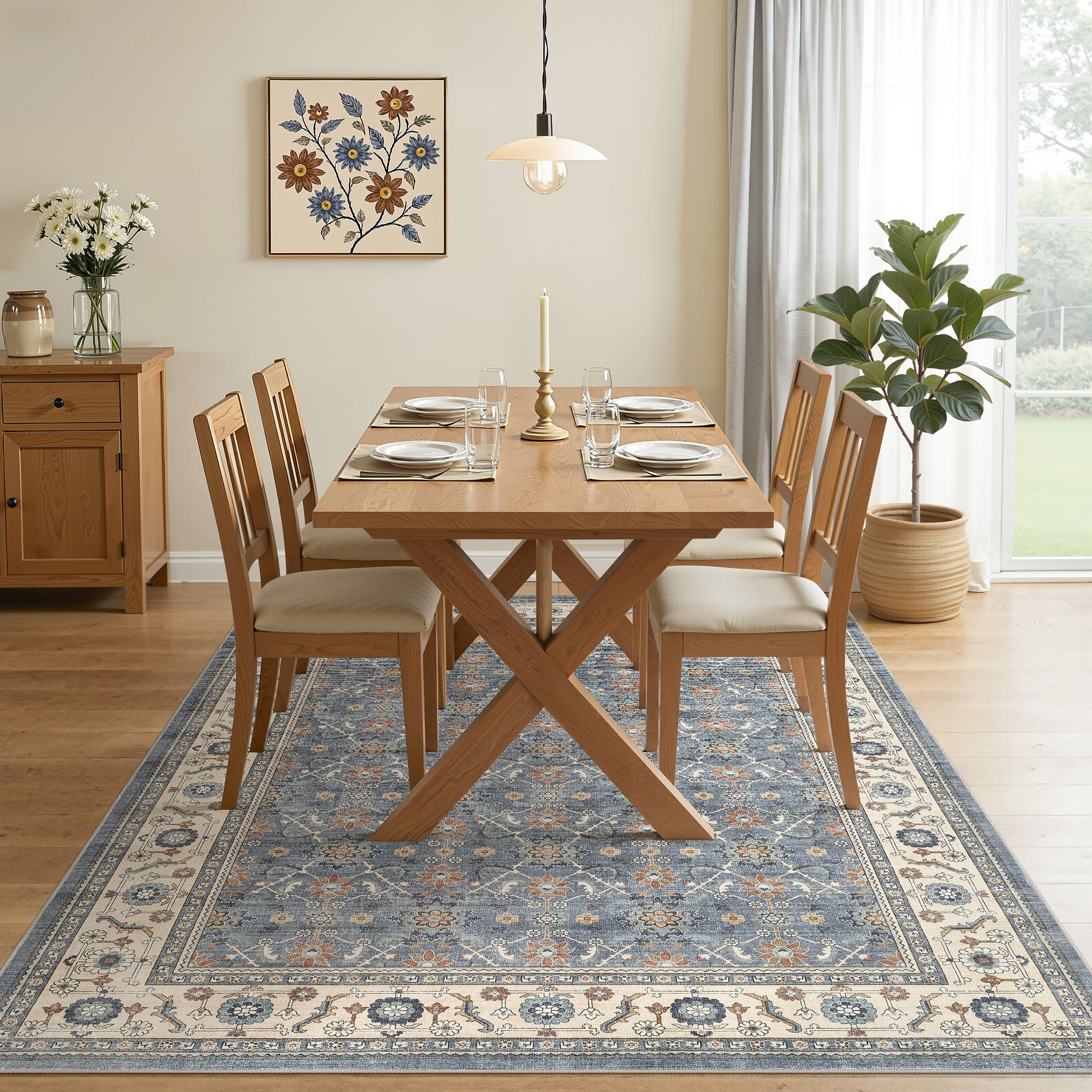 UERMEI 5'x7' Washable Area Rugs for Living Room, Vacuum Friendly, Non-Silp Low-Pile Rug for Bedroom, Boho Home Decor Carpets, Blue