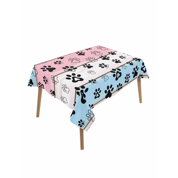 Pink Blue Paw Print Table Cloth, Vintage Farmhouse Wooden Grain Waterproof Tablecloth for Rectangle Tables, Reusable Washable Fabric Table Cover for Restaurant Kitchen Dining Tables 60"x102"