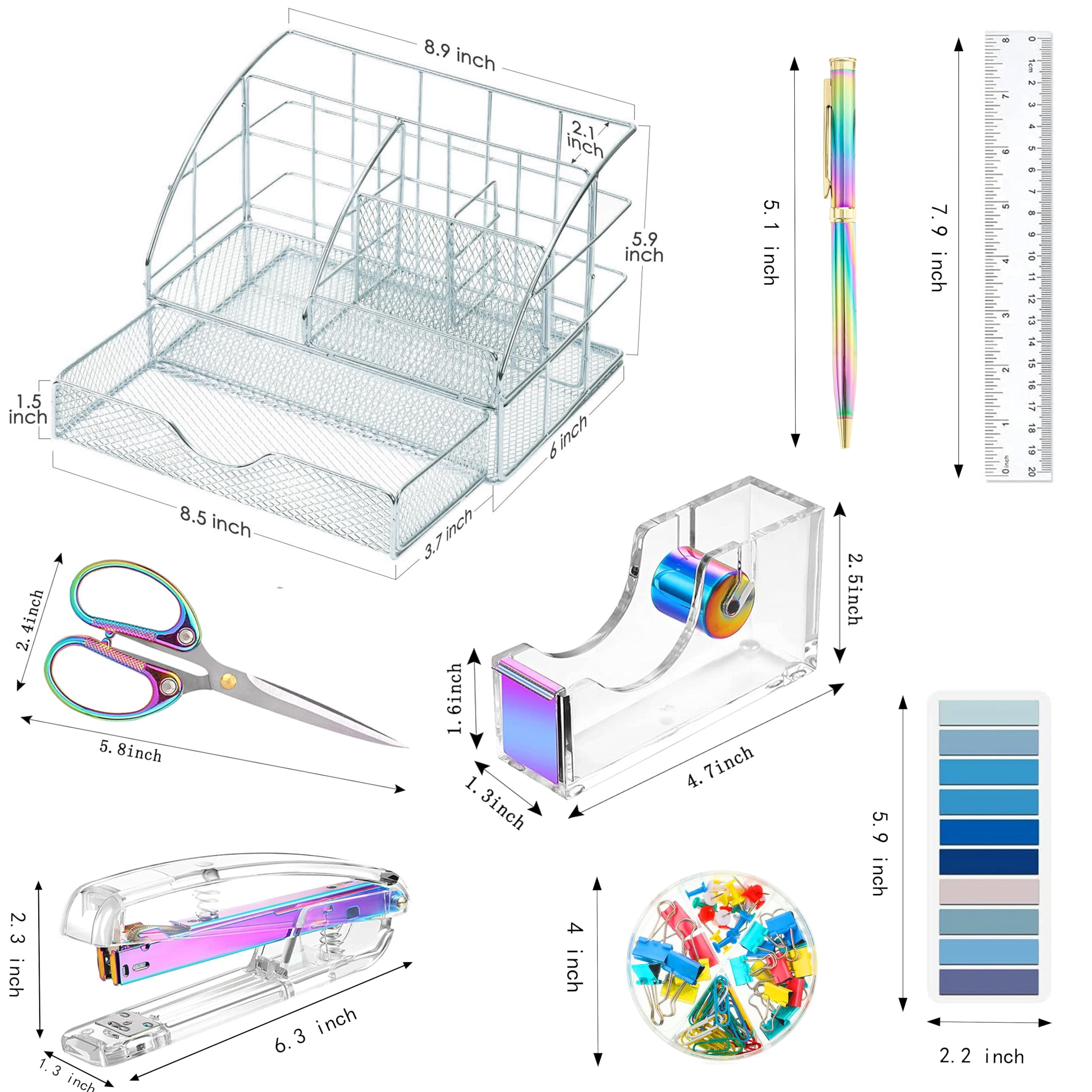 Dream Color Desk Accessories  Office Organizers And Supplies With Mesh Organizer Tape Dispenser Stapler Staples Ballpoint Pen Clips Set Ruler Scissor Sticky Tabs