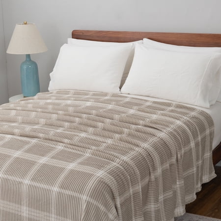 MAINSTAYS PRINTED TEXTURED VELVET PLUSH SUPER SOFT BED BLANKET, FULL/QUEEN SIZE, WASHED STONE PLAID