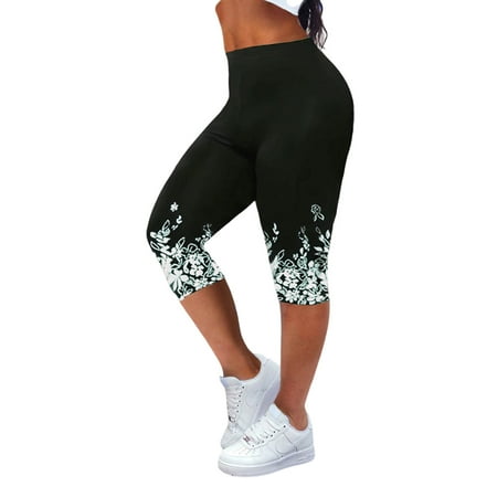 Fashnice Ladies Leggings Tummy Control Jeggings 3D Print Capri Yoga Pants  Slimming Sports Bottoms White L 