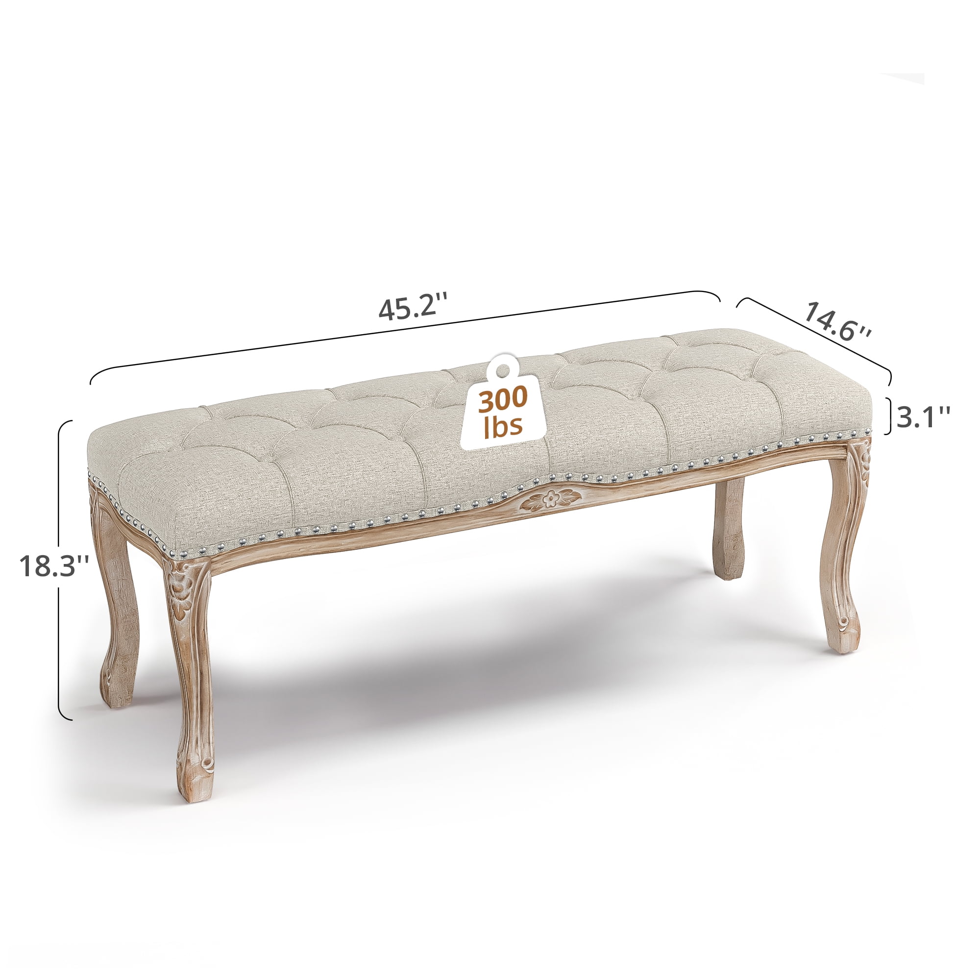 Dycanpo 45.2'' Bedroom Bench Seat Light Gray Linen, French Upholstered Ottoman Bench