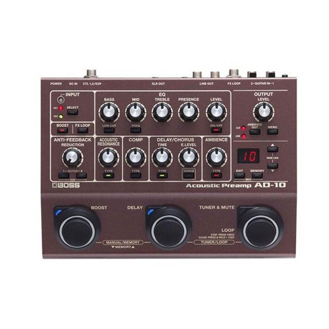 Boss AD-10 Portable Portable Professional Acoustic Electric Guitar Preamp, Brown