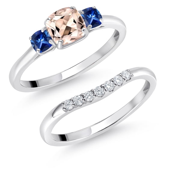 Gem Stone King 10K White Gold Peach Morganite Blue Created Sapphire and Lab Grown Diamond 3 Stone Bridal Engagement Wedding Ring Set for Women (0.86 Cttw, 5MM and 3MM Cushion Cut, Size 9)