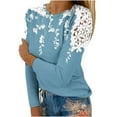 thumbnail image 2 of Royisotas Long Sleeve Womens Tops Sky Blue Summer Casual Floral Graphic Plus Size for Women Shirts Fashion Loose Lace Splicing Crew Neck T-Shirts, 2 of 3