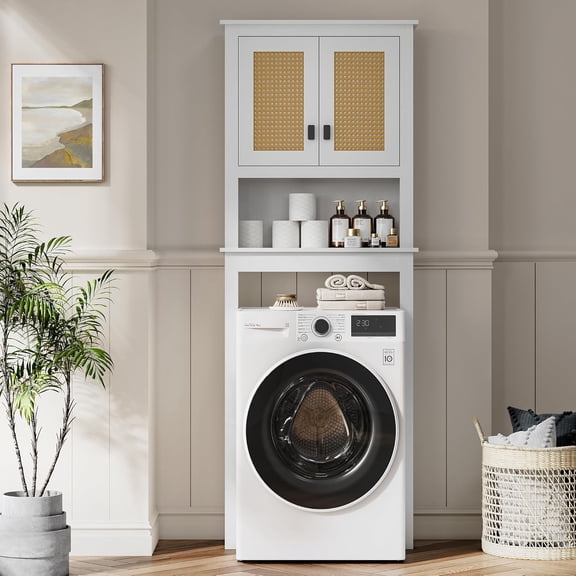 Over The Toilet Storage Cabinet,Farmhouse Storage Cabinet with Rattan Doors and Adjustable Shelves Free Standing Over Toilet Bathroom Organizer