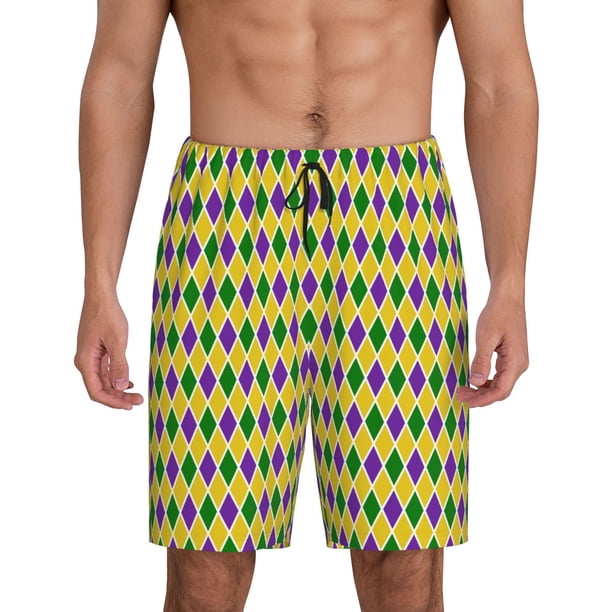 Balery Mardi Gras Purple Yellow Plaid Pantalones cortos de pijama de punto de algodón para hombre con cinturilla y bolsillos-3X-Large