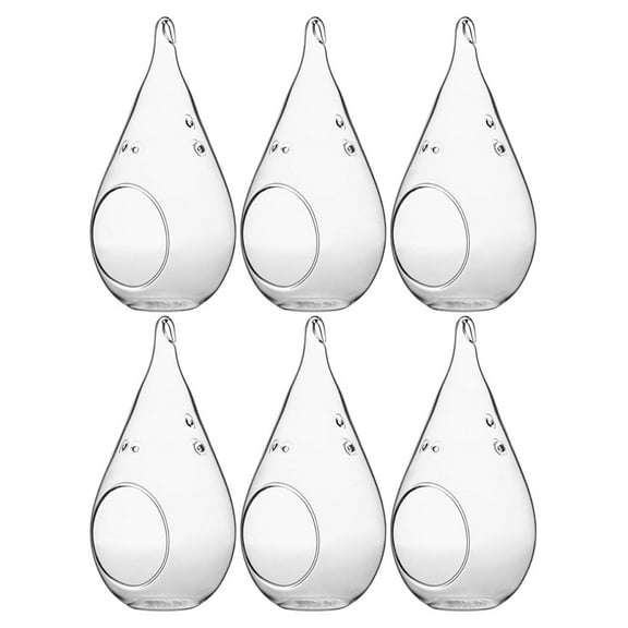 Glass Terrariums Hanging - 7" Teardrop Air Plant Holders - Set of 6 - Clear Votive Candle Holders - Wedding Decor, DIY Mini Garden, Home Office