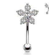 MoBody 16G Double Tiered 6 CZ Flower Top Curved Eyebrow Barbell Surgical Steel Body Piercing Eyebrow Ring (Clear)