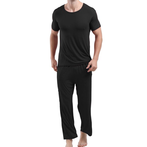 WQQZJJ Large Size Men's Pajamas Set, Summer Casual Solid Color Short Sleeve Top Elastic Waist Pants Two Piece, Modal Cotton Comfortable Homewear
