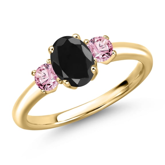 Gem Stone King 10K Yellow Gold Black Sapphire and Pink Lab Grown Diamond Engagement Ring for Women | 1.46 Cttw | Oval 7X5MM | Gemstone September Birthstone | Size 6