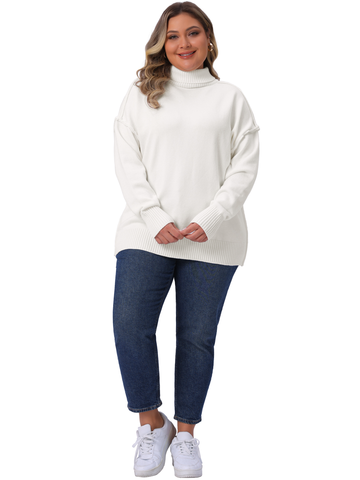 DARING DIVA Plus Size Long Sleeve Knit Top Loose Pullover Sweater 2X White