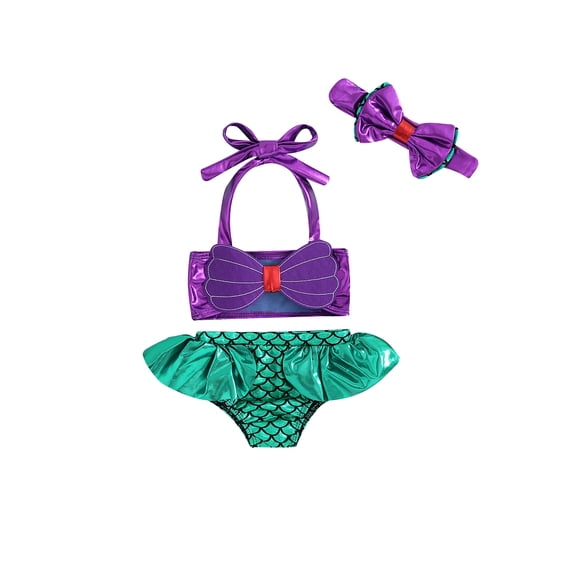 BemeyourBBs Kids Toddler Baby Girls Mermaid Swimsuit Halter Top Bikini Set Infant Girl Bathing Suit Swimwear Fish Scales Triangle Briefs Bowknot Elastic Headband Summer Beachwear