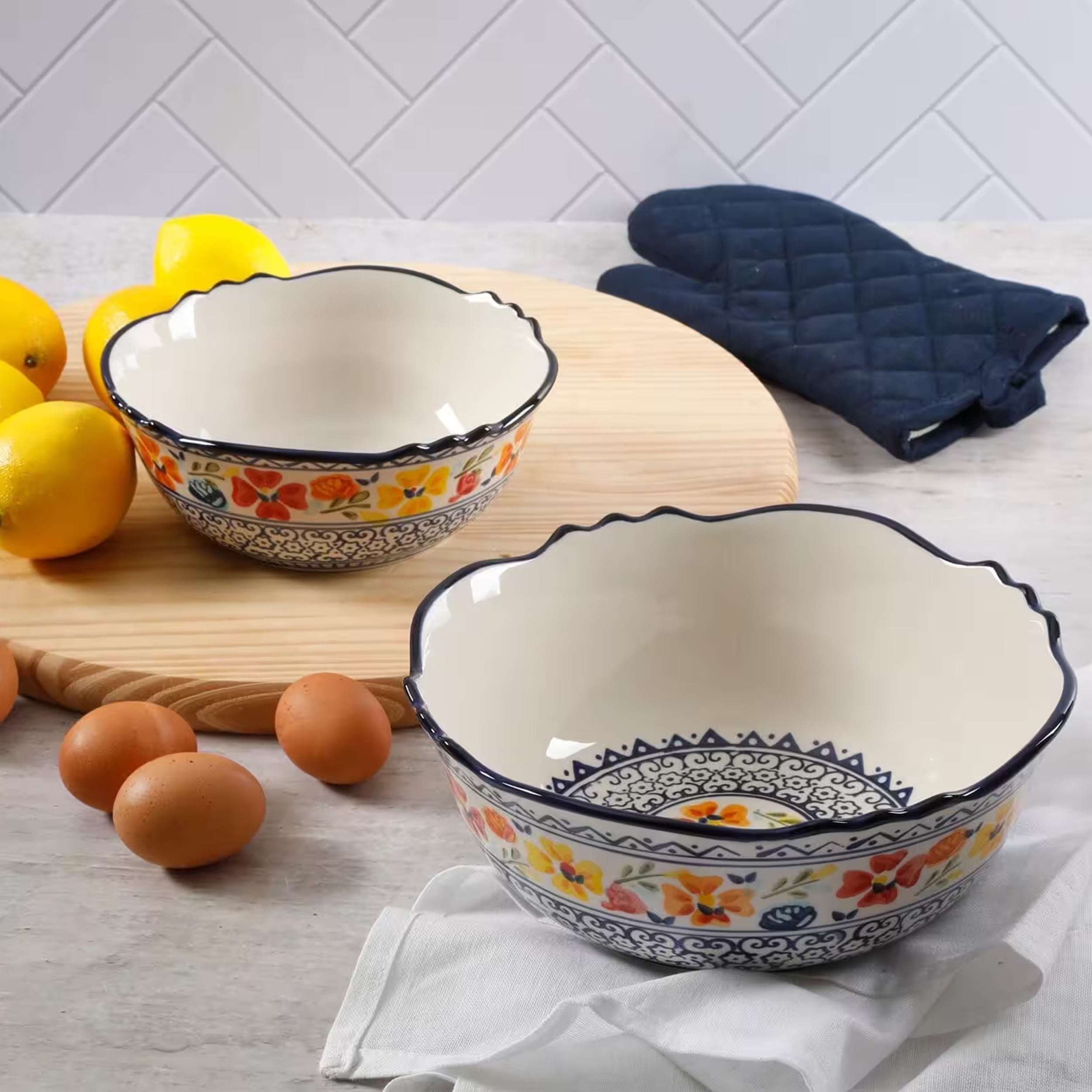 Gibson Elite Luxenbourg 2 Piece Floral Hand Painted Round Stoneware Bowl Set