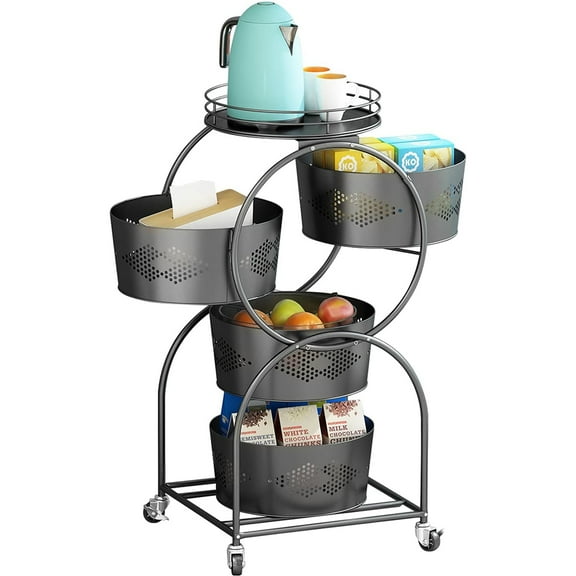 Kitchen rotating storage cart, four-layer fruit storage baskets, kitchen storage cart with wheels, round metal plant stand with movable baskets, multifunctional home kitchen rack