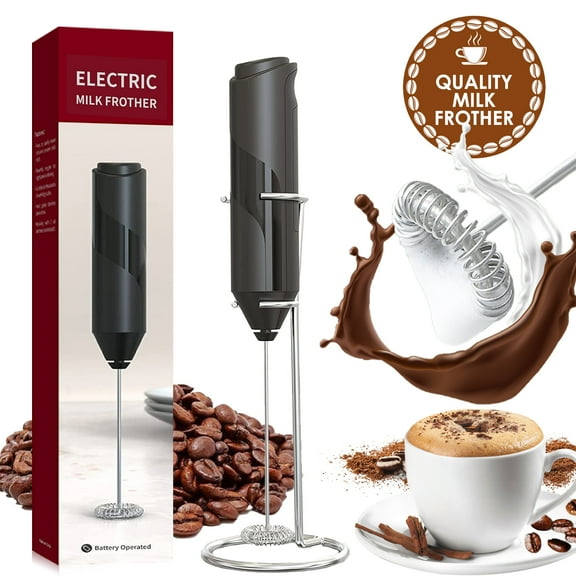 Milk Frother Handheld, Electric Coffe Frother, Drink Mixer with Stainless Steel Frother Stand, Mini Foam Maker, Electric Whisk for Milk Coffe Matcha Latte, Battery Operated, Black