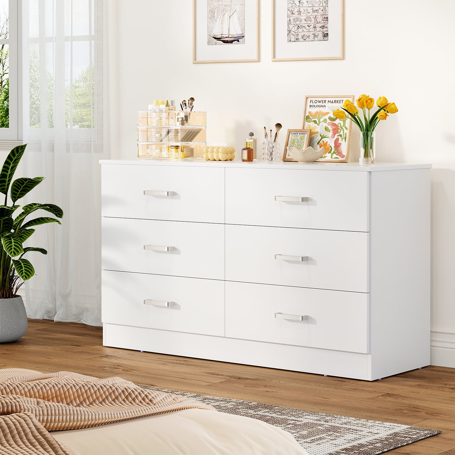 White Dresser for Bedroom, Winkalon 6 Drawers Dresser Modern Wood Double Chest of Drawers for Bedroom Living Room