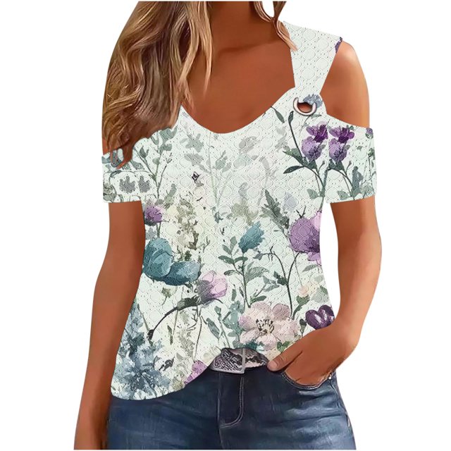 Pantalones Cortos para Mujeres Sexy No Posicionamiento Impreso Cuello en V Manga Corta Suelta Superior, Blusa Casual de Poliéster, Lavado a Mano Primavera Verano