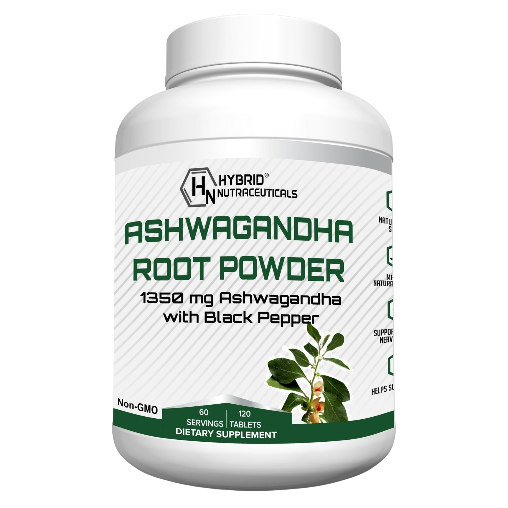 Hybrid Nutraceuticals Organic Ashwagandha Supplement 1350mg with Black Pepper - Adrenal Support, Anxiety & Stress Relief, Enhance Mood - 120 Tablets