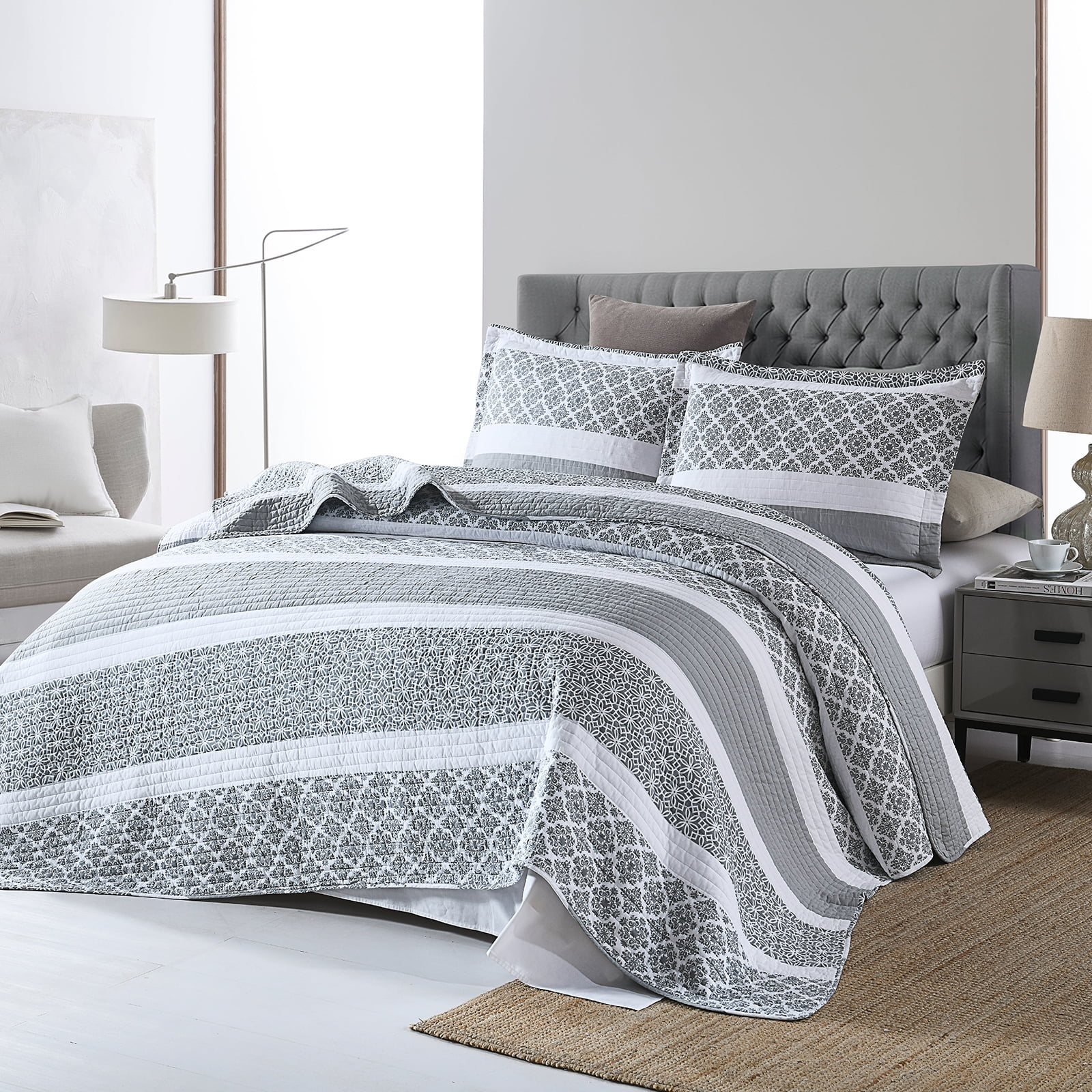 DUOHONG Queen Quilt Set 100% Cotton Farmhouse Lightweight Bedding Set, Bluish Gray/White, 90"W x 98"L