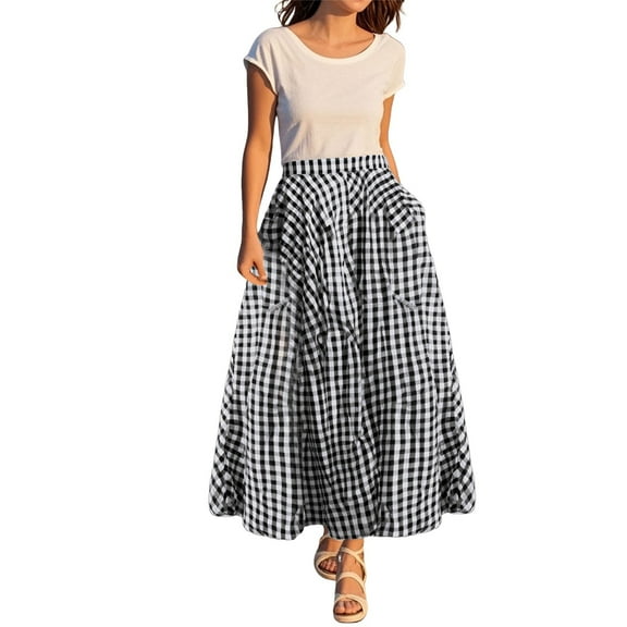 Seductiva Women's Wide Leg Pants Women's Summer Elastic High Waist Plaid Ruffled Maxi Skirt Swing Flowy A Line Skirt Beach Pants Loose Fit 1PC