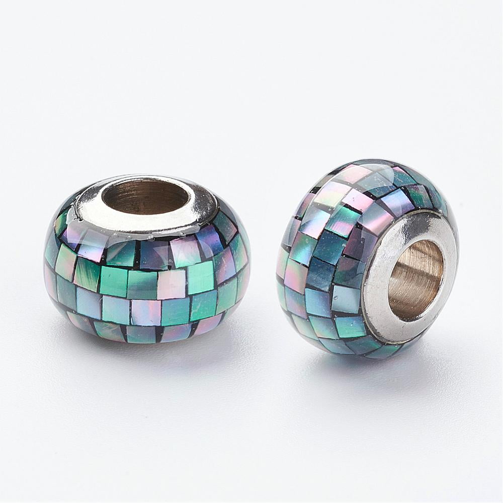 10 pc 304 Stainless Steel Resin European Beads with Shell and Enamel Rondelle Large Hole Beads Mixed color 12x8mm Hole: 5mm Resin