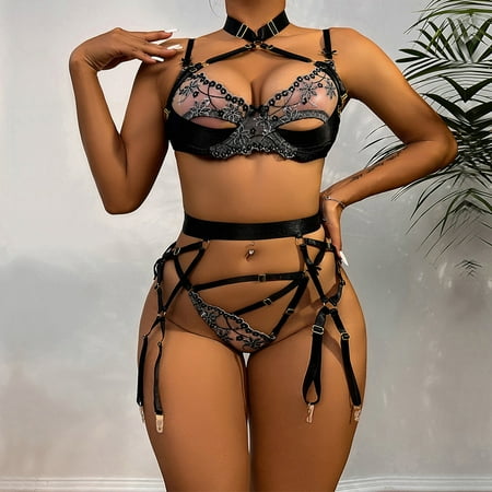 

FREE SHIPPING-Women Exquisite Mesh Embroidery Lingerie Bra+Garter+Briefs Set Babydoll Cut-Out Sleepwear sexy underwear lingerie for women valentines day gifts