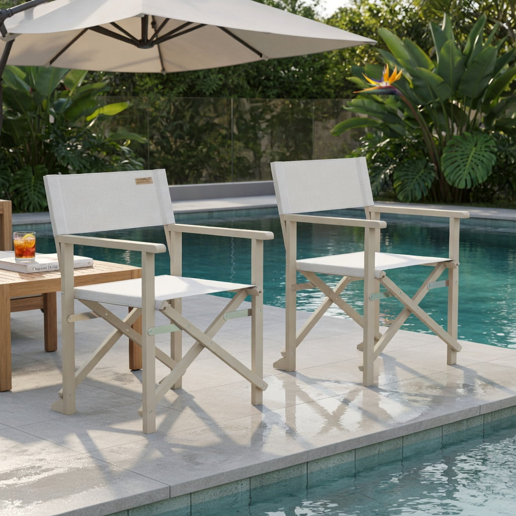 Hommoo Folding Director Chair, Off-White Oxford Fabric & Solid Acacia Wood Frame, Lightweight Outdoor Patio Chair with Machine-Washable Seat, Beige