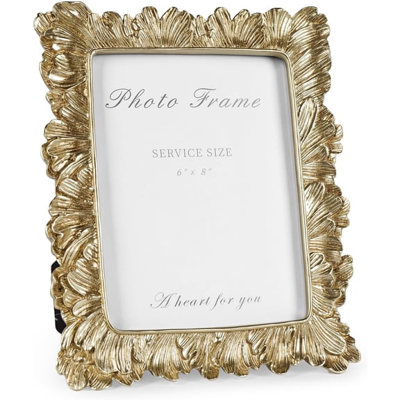 Gold Picture Frame 6x8 Frames, Vintage Gold Palm Leaves Textured Hand-Crafted Resin with Glass Front Elegant Retro Vintage Design Photo Frame for Tabletop Display Home Decor
