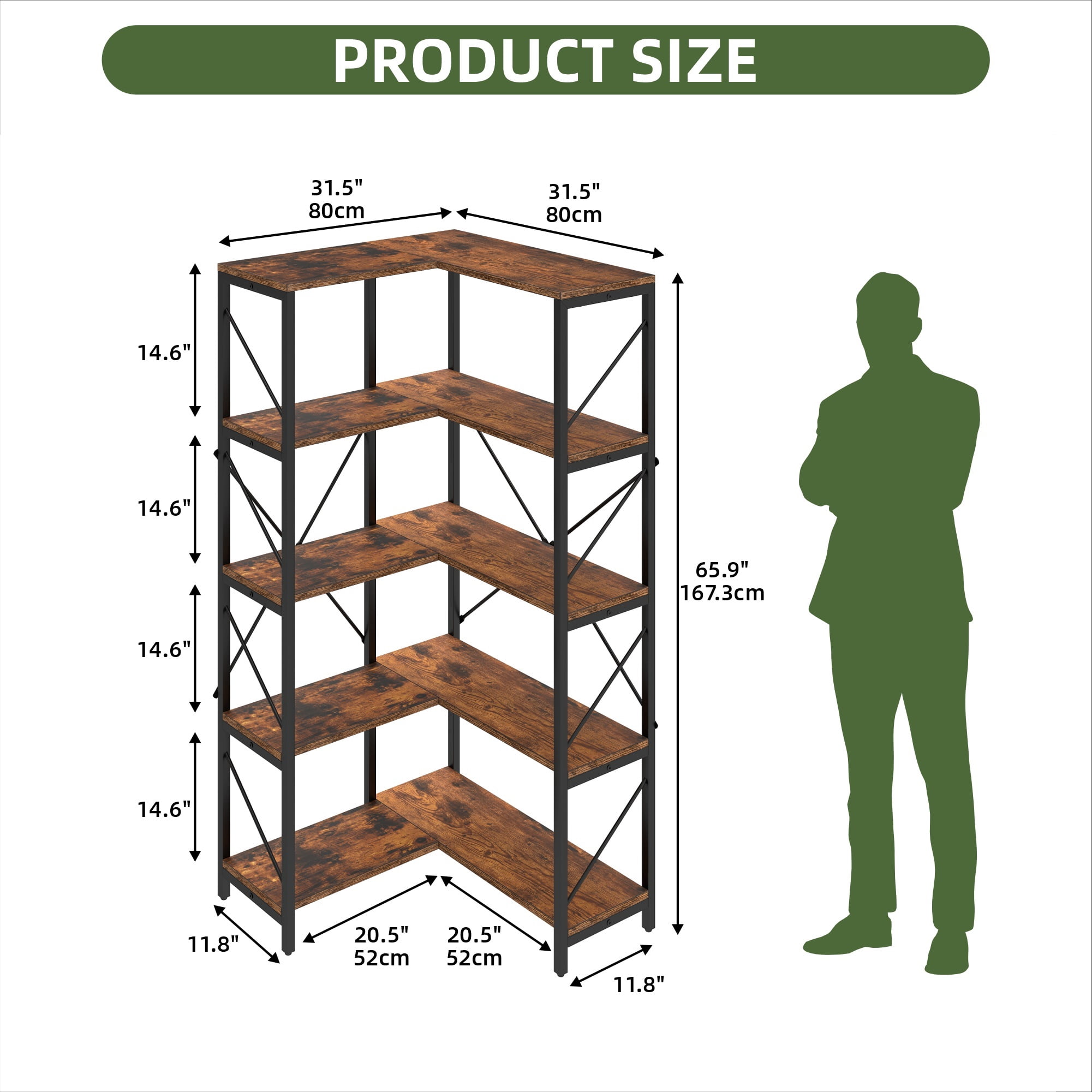 Uforic 5-Tier Corner Bookshelf, Corner Shelf Display Bookcase with Metal Frame for Home Office, Brown