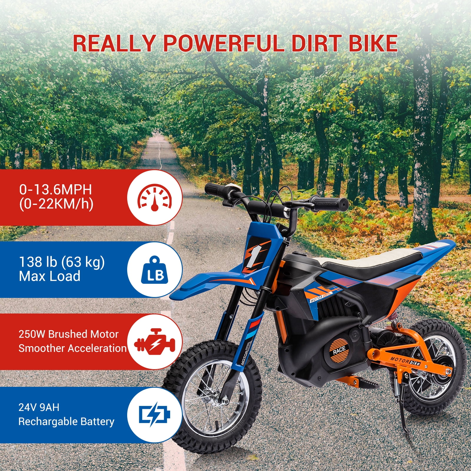 24V Electric Dirt Bike for Kids 8-12 Years, 250W Motor Off-Road Motorcycle with 13.6MPH Speed, Air-Filled Tires & Metal Suspension, 139LB Capacity