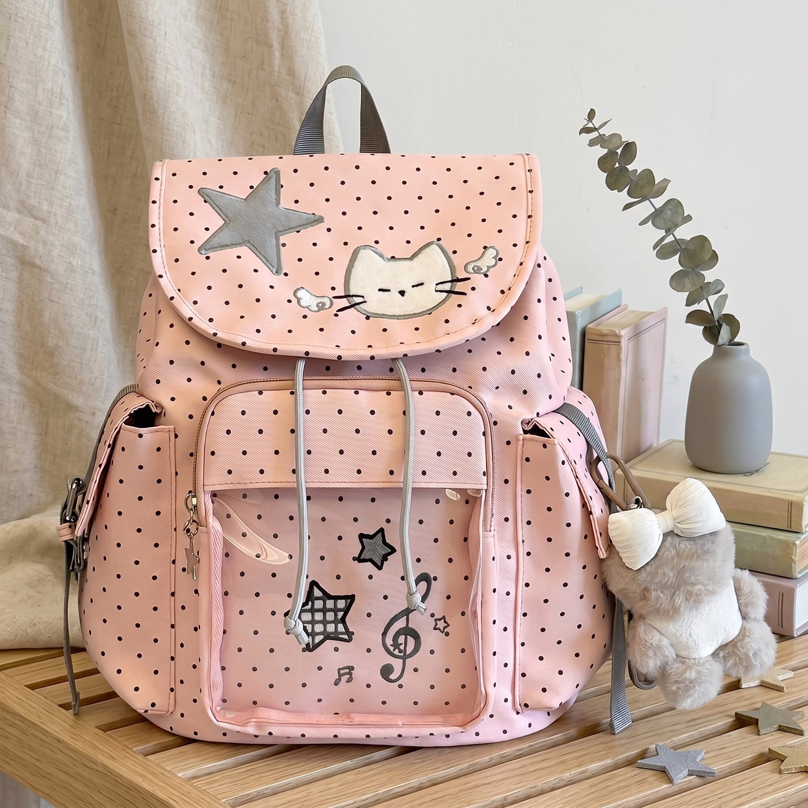 HUISZJ Large Capacity School Backpack, Polka Dot Printed School Bag, Drawstring Laptop Backpack for Students College Travel, Pink