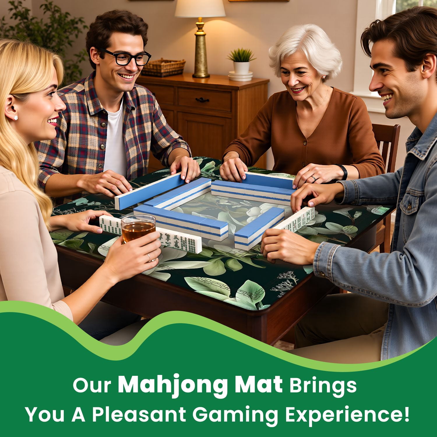 Mahjong Mat 31.5" x 31.5" Seamless eucalyptus magnolia fern leaves succulents Non-Slip Noise Reduction American Mahjong Tiles Table Cover for Dominoes Poker Card Board Games Gift
